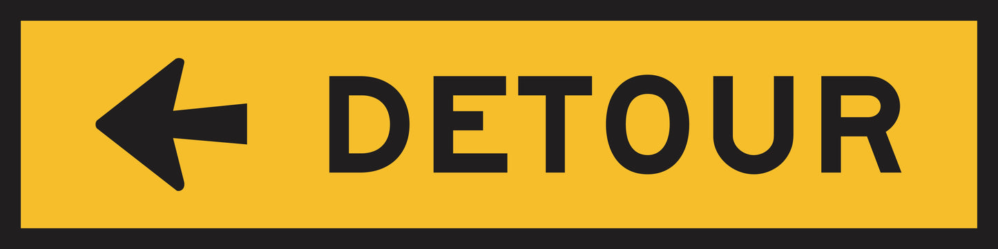 The Detour Left Arrow (MMS Insert) is a yellow rectangular sign with a black left-pointing arrow and "DETOUR" in bold black letters, designed for traffic guidance and compatible with Multi-Message Sign Inserts for interchangeable messages.