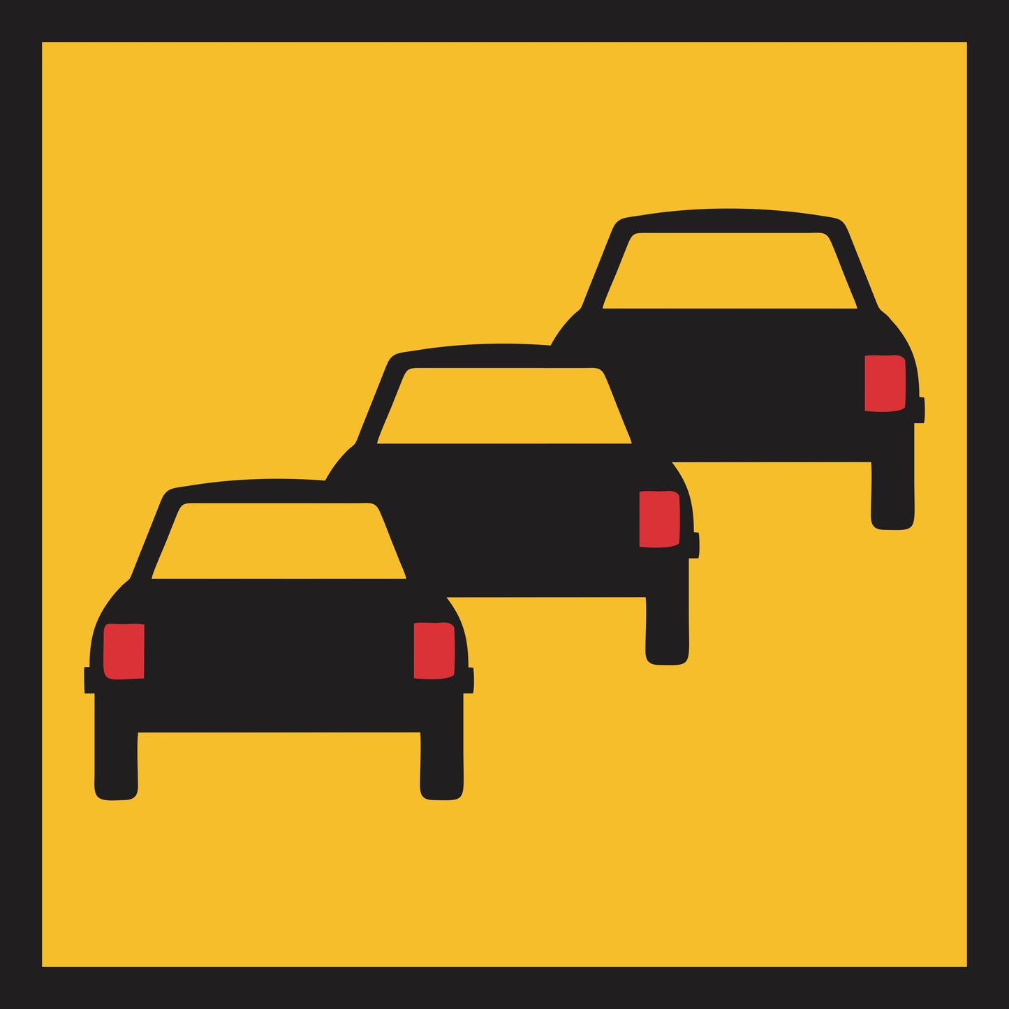 The Queued Traffic (MMS Insert) features a yellow square sign with three black cars in a diagonal row, signaling traffic congestion, and serves as a flexible Multi-Message Sign Insert for dynamic traffic guidance.