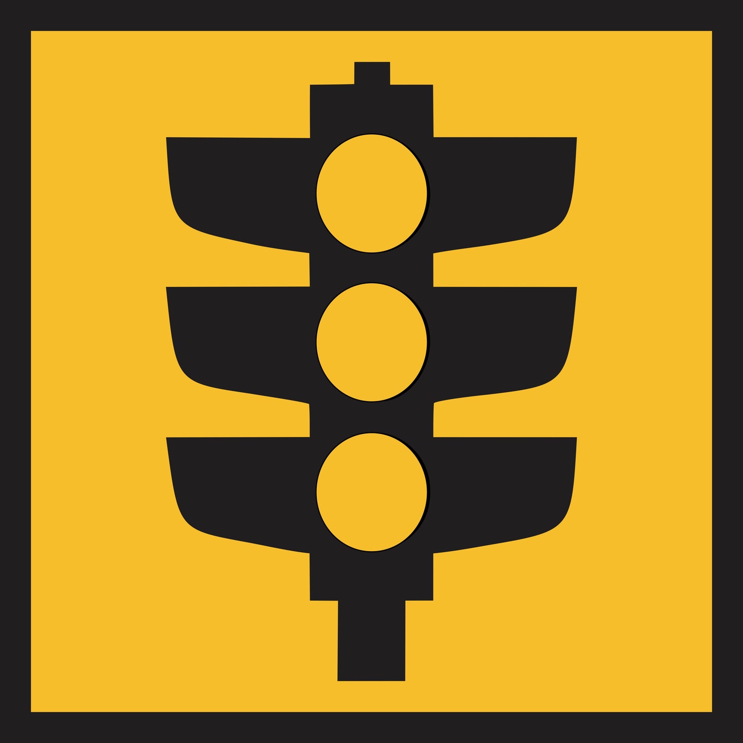 A black silhouette of a three-circle traffic light on a yellow background with a thick black border, representing traffic guidance, features on the Signals Ahead (MMS Insert) Multi-Message Sign system.