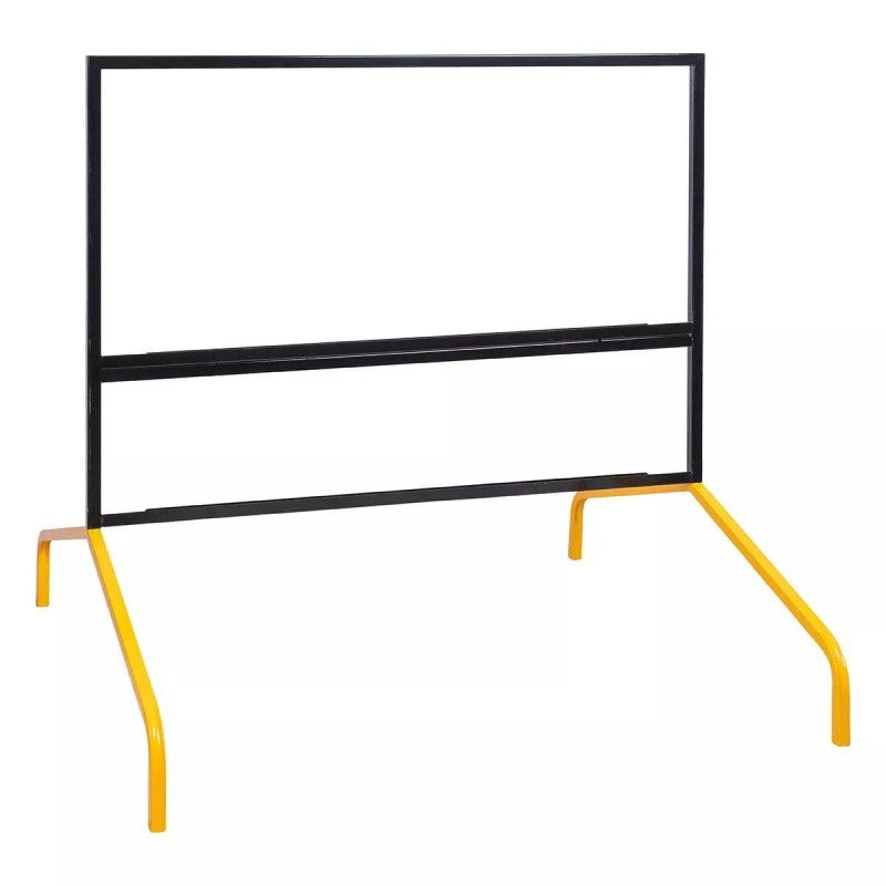The MMS Multi Message Frame - 1200 x 900mm + Yellow Legs features a rectangular metal frame with two horizontal bars and four angled yellow legs, resembling a traffic barrier, displayed on a white background.