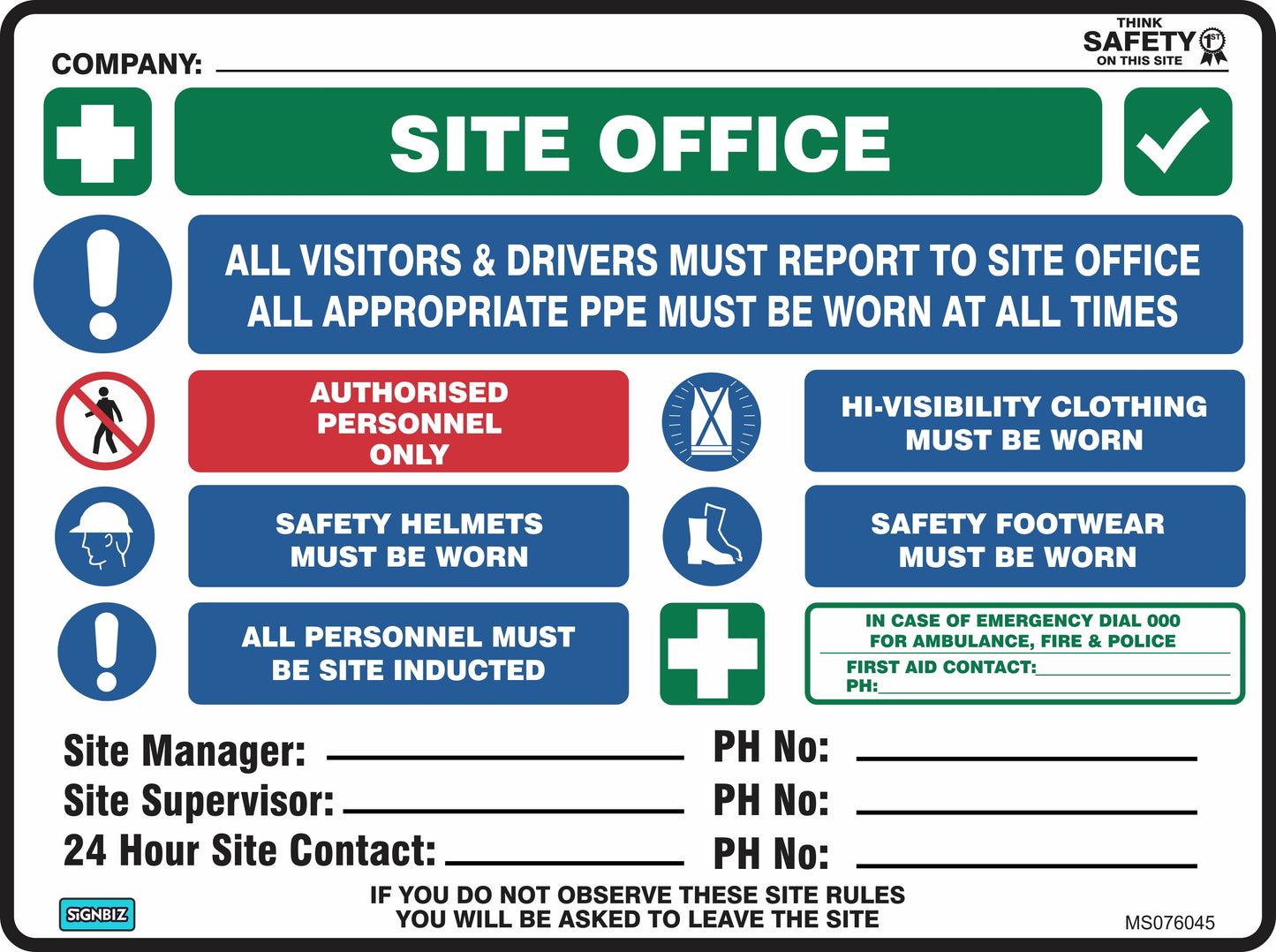 The Mandatory Multi Safety Sign Site Office meets Australian Standards, listing rules: report to site office, wear PPE, safety helmets, hi-vis clothing, and safety footwear. For authorized personnel only; site induction and contact/emergency details included.