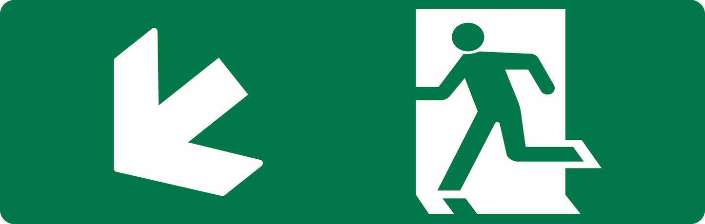 The EXIT SIGN - RUNNING MAN LEFT + DOWN ARROW is a green 450mm x 150mm emergency exit sign featuring a running figure and a large arrow pointing diagonally down left, clearly marking the exit route direction.