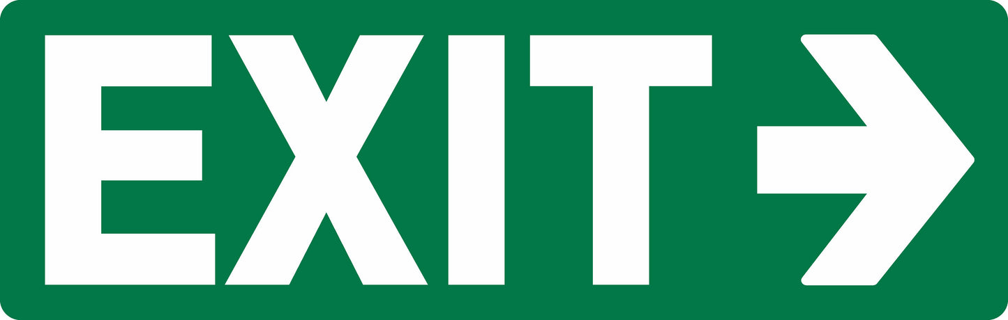 The EXIT SIGN - EXIT RIGHT is a green rectangular 450mm x 150mm sign with bold white "EXIT" text and a large white arrow pointing right to indicate the exit direction.