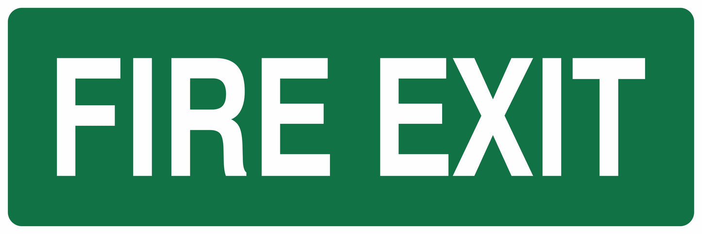 The EXIT SIGN - FIRE EXIT is a rectangular green sign, 150mm x 450mm, prominently displaying "FIRE EXIT" in large, bold white letters.