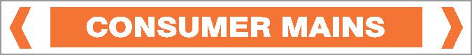 An orange rectangular "Pipe Marker - ELECTRICAL - CONSUMER MAINS" sign features bold white text in all caps and is bordered by two inward-pointing white arrows at each end.