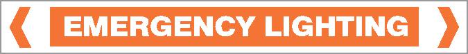 A rectangular orange "Pipe Marker - ELECTRICAL - EMERGENCY LIGHTING" sign features white text and is bordered by white arrows on each side pointing toward the center.