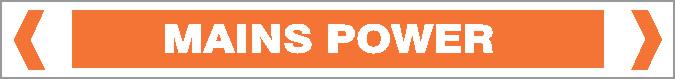 An orange pipe marker labeled "ELECTRICAL - MAINS POWER" in white, all caps text, bordered by white arrows on each side.