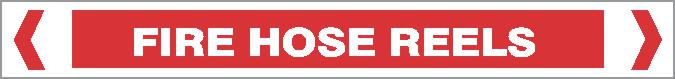 The Pipe Marker - FIRE - FIRE HOSE REELS is a rectangular red sign with white text, "FIRE HOSE REELS," and two white arrows pointing inward from both ends.