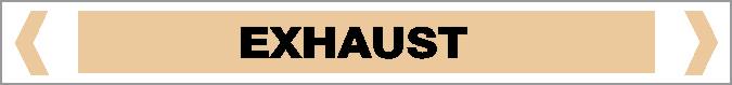 A rectangular beige Pipe Marker - GAS - EXHAUST sign features "EXHAUST" in bold black capitals centered, thin gray border, and two beige arrows pointing inward at each end.