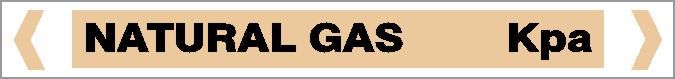 A beige label marked "Pipe Marker - GAS - NATURAL GAS KPA" in bold black letters has arrows on both ends pointing left and right.