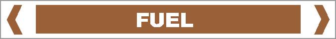 A Pipe Marker labeled "OILS - FUEL" features a brown rectangular design with white borders and arrows at each end, displaying "FUEL" in bold white capital letters at the center.
