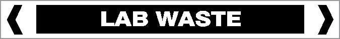 A rectangular "Pipe Marker - OTHER LIQUID - LAB WASTE" sign features a black background, white "LAB WASTE" text, and thick white borders with inward-pointing chevrons on both sides.