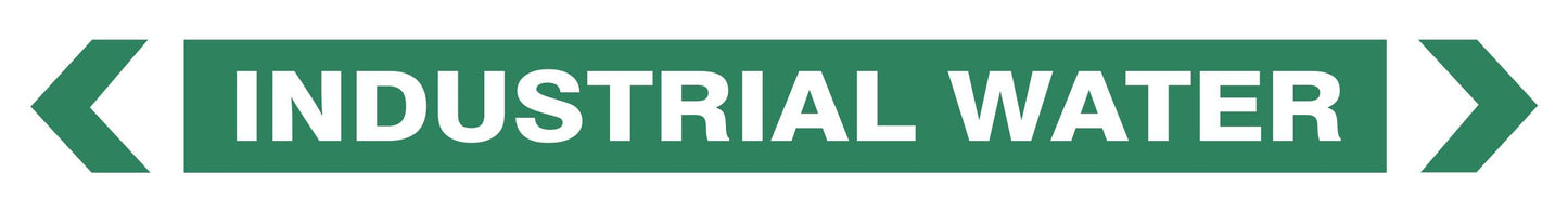 The Pipe Marker - WATER - INDUSTRIAL WATER is a green sign with white text reading "INDUSTRIAL WATER" and features white arrows pointing left and right at each end.