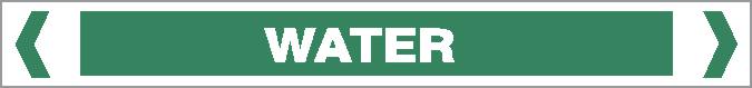 A green rectangular Pipe Marker labeled "WATER" in bold white capitals, bordered by two white angled brackets on each side.