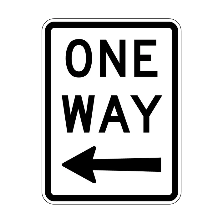 The R2-2(L) One Way (Arrow Left Symbolic) sign features "ONE WAY" in black capitals above a left-pointing black arrow on a white background with a black border, and is widely used in NSW to promote road safety as a regulatory sign.