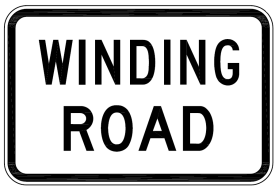 The R4-201-3n Winding Road (Supplementary Plate) is a rectangular sign with a white background, black border, and bold black "WINDING ROAD" text, meeting Australian Standards road sign requirements.