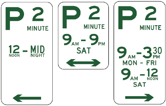 Three R5-12 Parking (2 Minute) signs display various hours and days for 2-minute parking limits, consistent with Australian Standards road signs used throughout NSW.