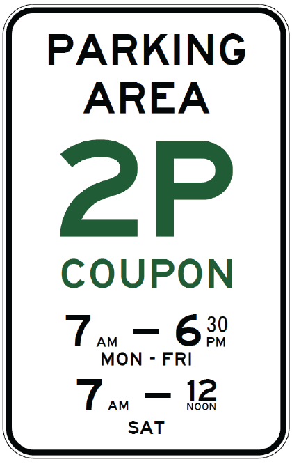 The R5-62-1n Parking Area _p Coupon (specified times) - repeater sign meets NSW standards, displays “PARKING AREA 2P COUPON,” and lists weekday/Saturday hours on a white background with black and green text.