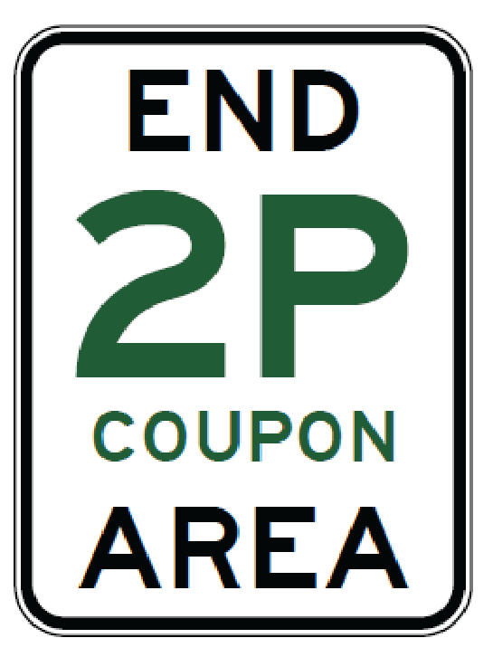 The R5-63-1n - End _p Coupon Area Parking sign is a rectangular NSW regulatory road sign with "END 2P COUPON AREA" in black and green text on a white background with a black border, indicating the end of a two-hour parking coupon zone.
