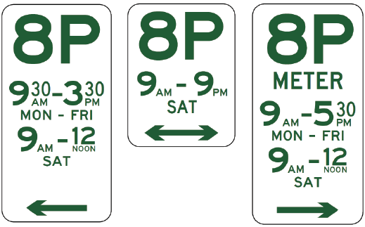Three R5-8 Parking (8 Hours) signs—compliant with NSW and Australian Standards—display "8P": left for Mon–Sat, center for Saturdays, right is a metered zone on weekdays and Saturday mornings.