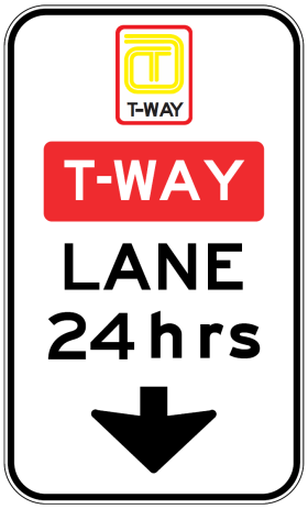 The R6-237-2n T-Way Lane 24hrs (Down arrow) sign features the T-WAY logo, "T-WAY LANE 24 hrs" in black and red, and a downward-pointing arrow, meeting NSW road sign standards.