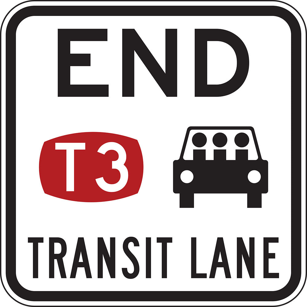 The R7-9-2 End T3 Transit Lane sign features "END TRANSIT LANE", a red "T3" symbol, and a black car with three occupants, marking the end of a T3 transit lane according to NSW road signage standards.