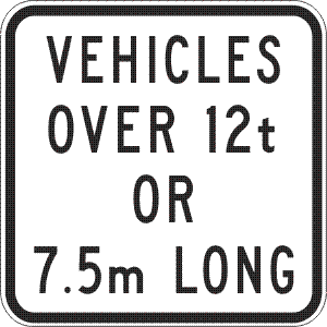 The R9-307-3n regulatory road sign features black text on a white background reading "VEHICLES OVER 12t OR 7.5m LONG," and is designed to meet Australian Standards.