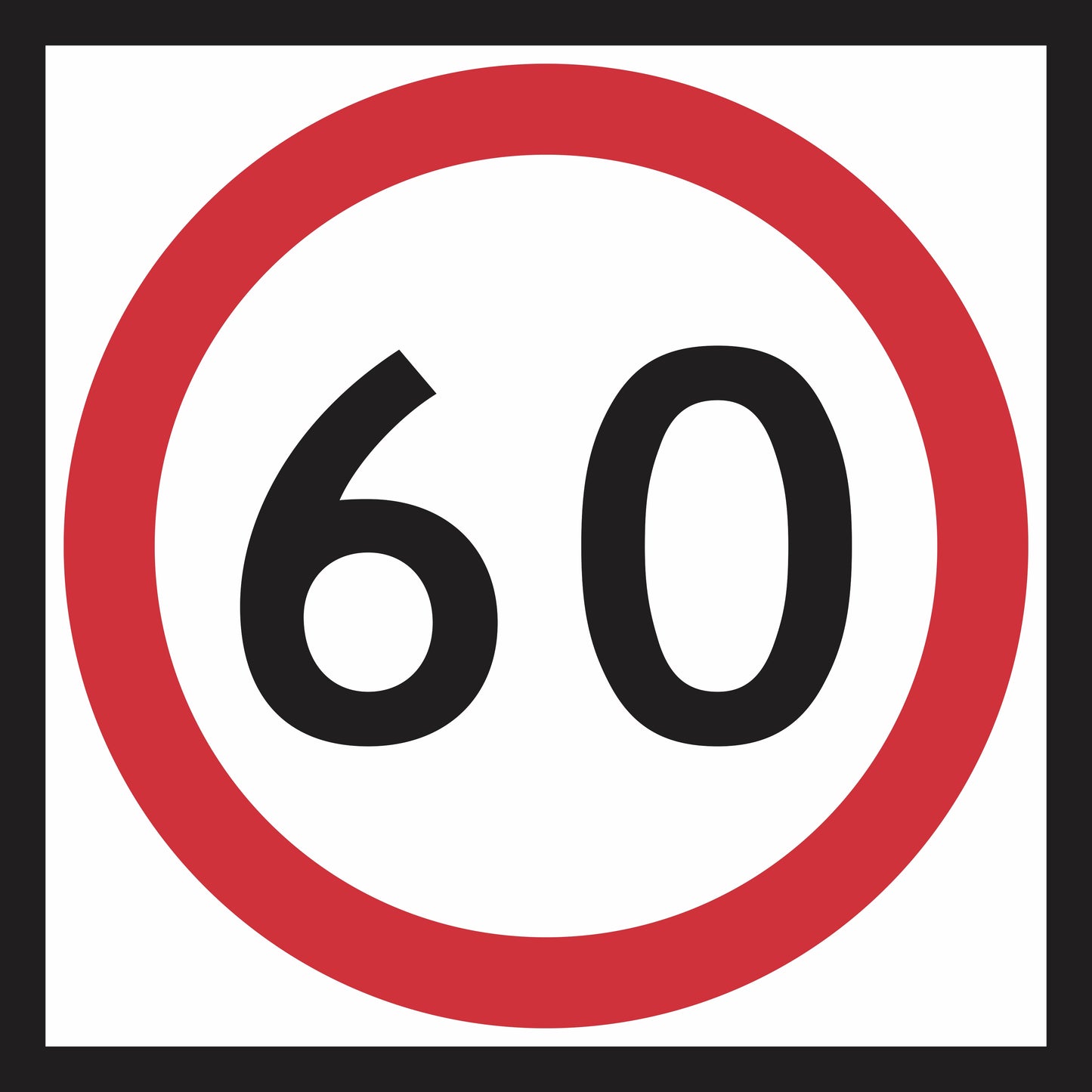 The RM4-1(A) Speed Limit sign features a red circle border with bold black “60” at the center to indicate a 60 km/h maximum speed limit, designed for use on Multi Message Sign panels and compliant with Australian Standards.