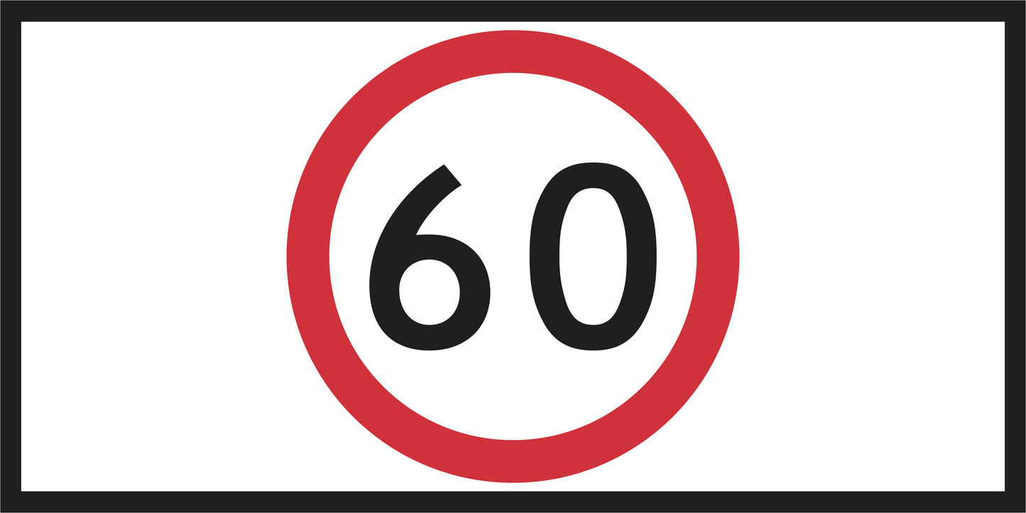The RM4-1(C) Speed Limit sign is a rectangular, reflective regulatory road sign with a black 60 in a bold red circle and thick black border, compliant with Australian Standards. For use on Multi Message Sign panels only.