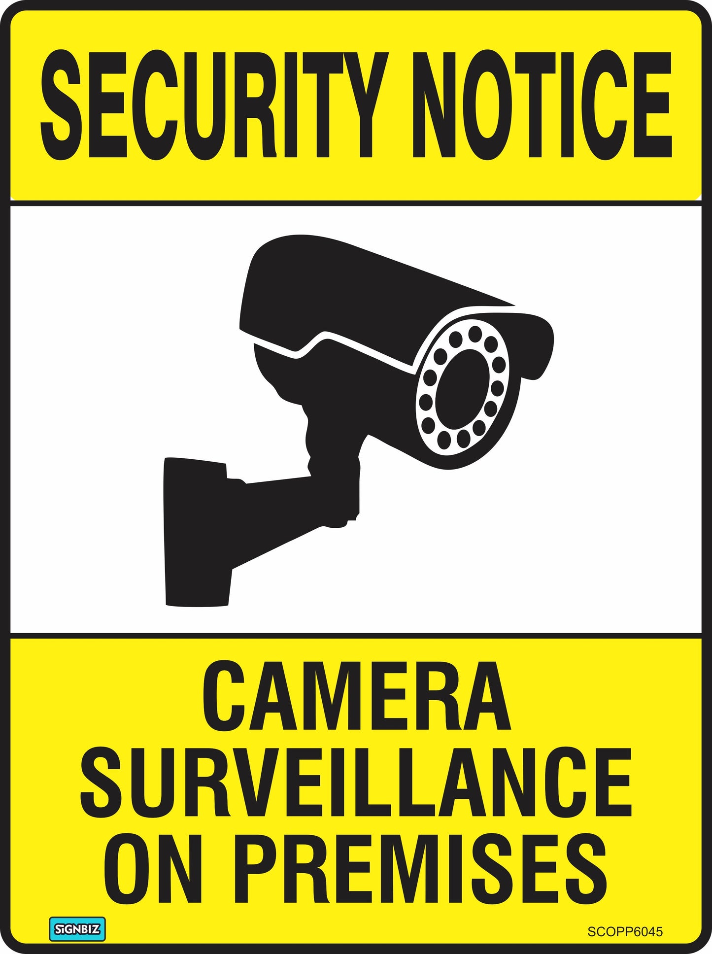 The Security Cam Surv On Premises sign features a yellow design with "SECURITY NOTICE" on top, a camera icon in the center, and "CAMERA SURVEILLANCE ON PREMISES" below. It complies with AS/NZS1319 safety sign standards.