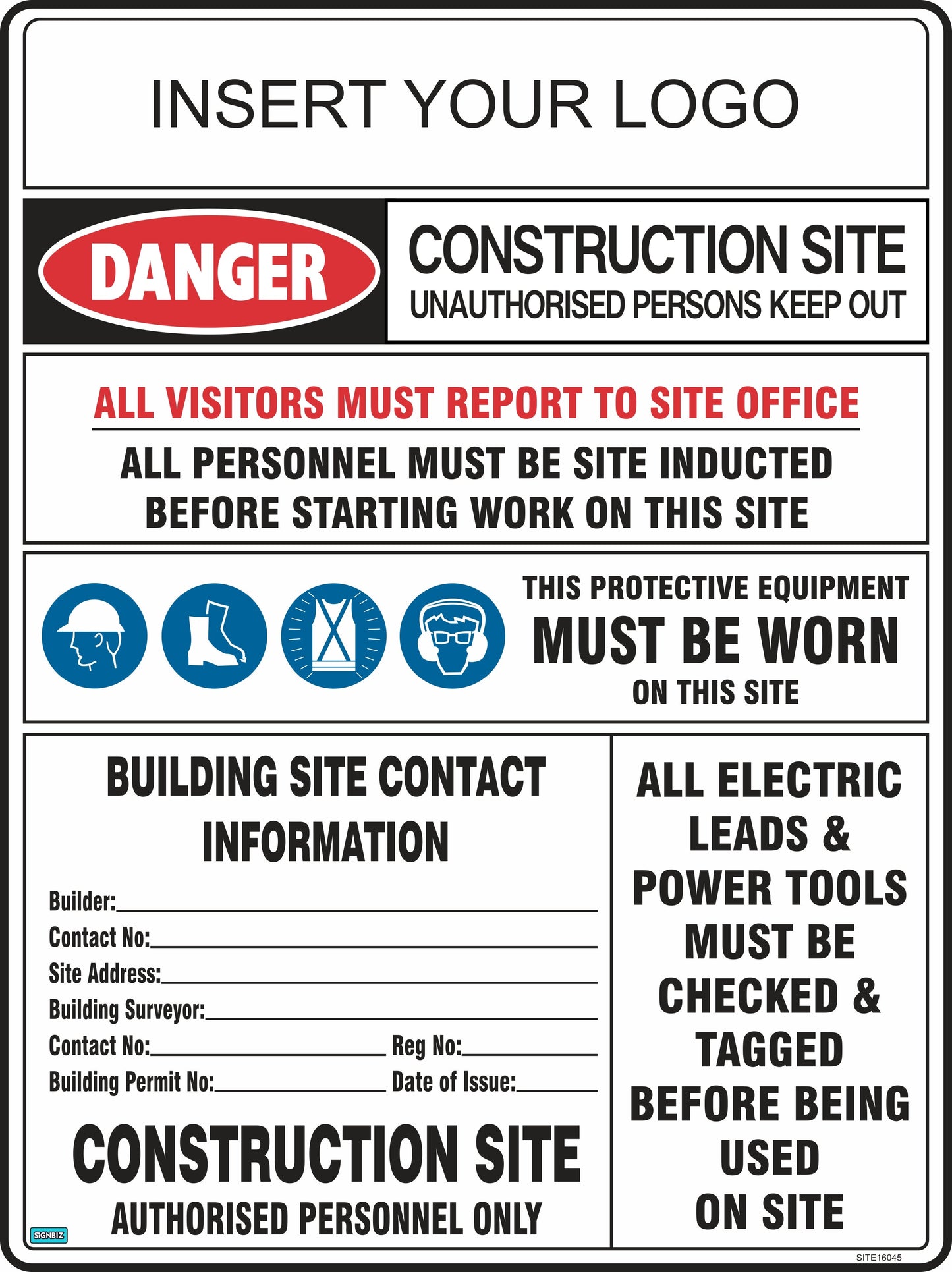 The Mandatory Multi Safety Sign Customised Site 1 meets Australian Standards and includes "Danger," PPE instructions, contact info, authorized access reminders, induction requirements, and blank spaces for your logo and site details.