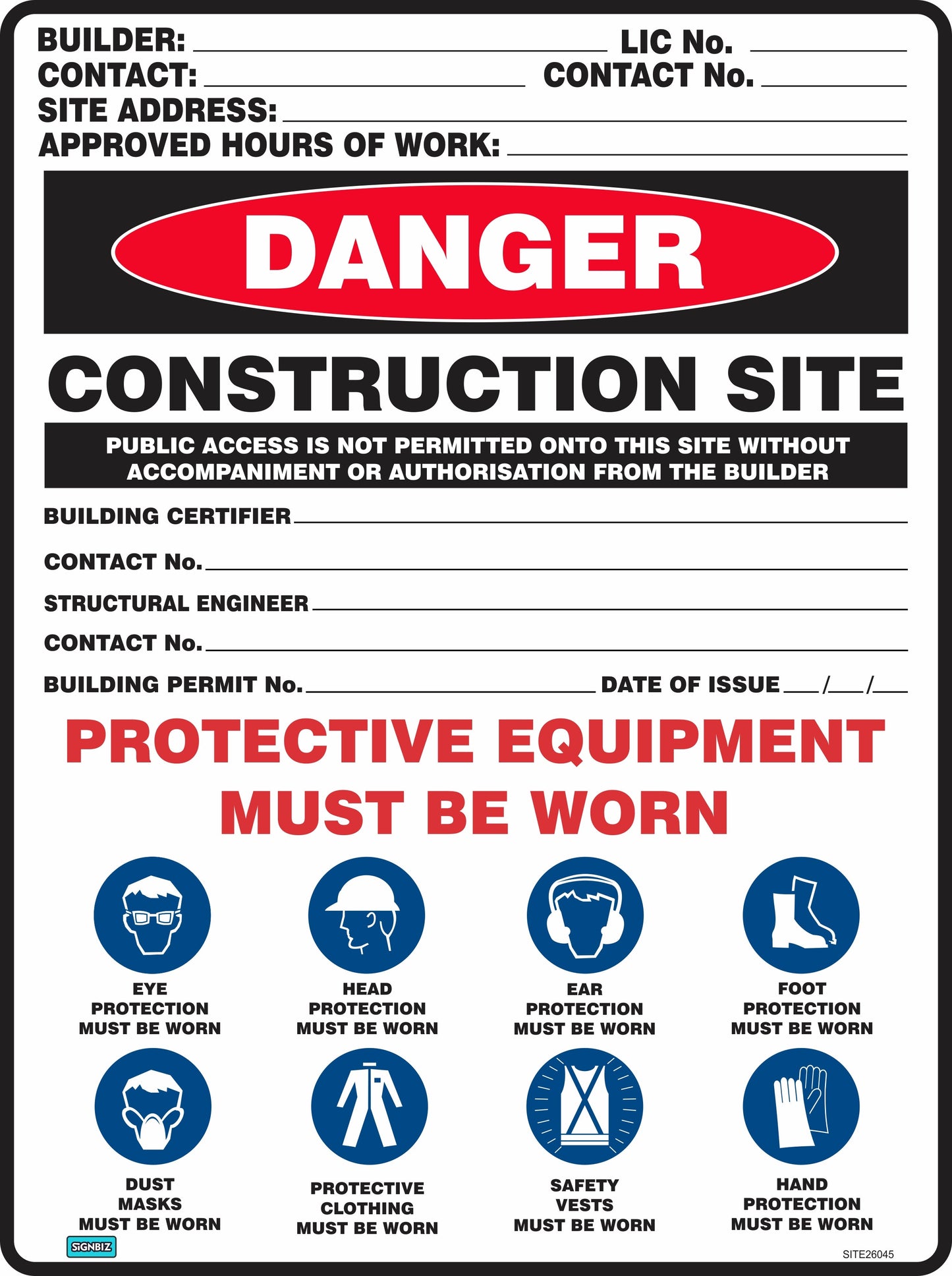The Mandatory Multi Safety Sign Customised Site 2 complies with AS/NZS 1319 and displays clear icons for required eye, head, ear, foot, dust mask, clothing, vest, and hand protection on construction sites.