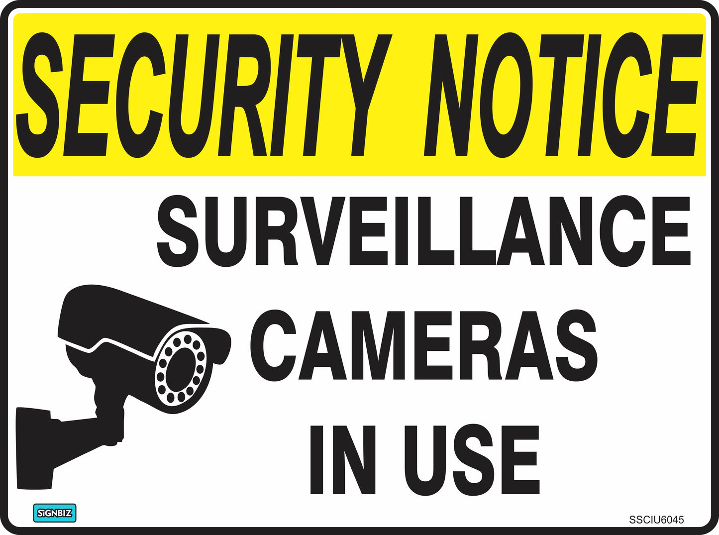 The Security Notice Surveillancecams sign features a yellow header with "SECURITY NOTICE," states "SURVEILLANCE CAMERAS IN USE," shows a camera icon, and uses clear black text on white for effective workplace safety messaging.