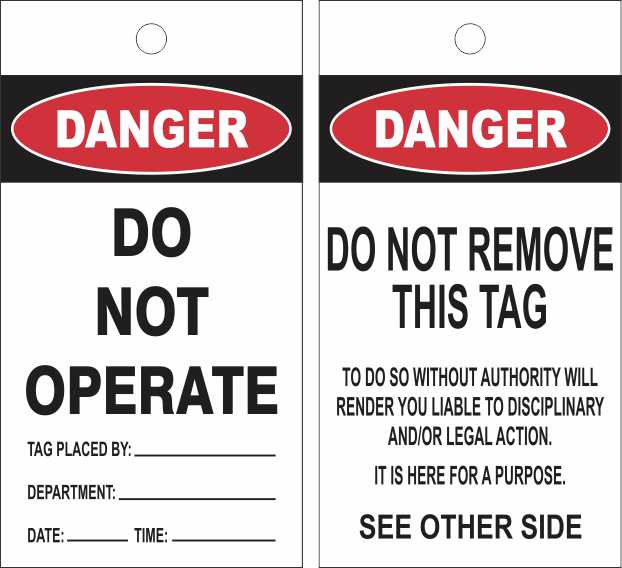 The DANGER DO NOT OPERATE LOCK OUT TAG PACK OF 50 includes two-sided tags: front reads "Danger. Do Not Operate" with space for details; back states "Danger. Do Not Remove This Tag" and warns of disciplinary or legal action.