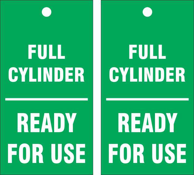The FULL CYLINDER TAG PACK OF 50 includes green tags with white "FULL CYLINDER READY FOR USE" text and a top hole for easy attachment, designed to indicate a gas cylinder’s status.