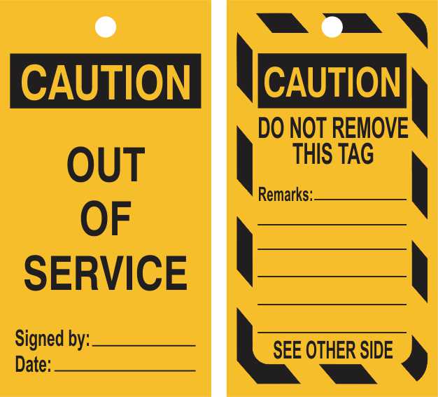 Pack of 50 yellow caution lockout tags: One side reads "Caution Out of Service" with signature and date lines; the other says "Caution Do Not Remove This Tag" with space for remarks and a note to see reverse.