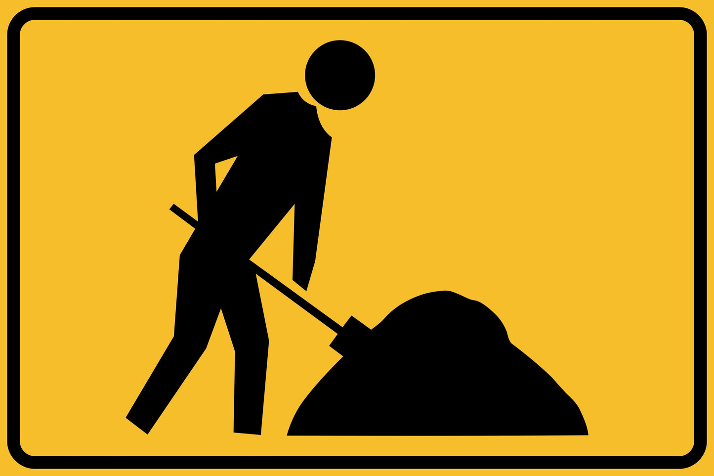 The SWING STAND SIGN ONLY - DIGGER MAN/WORKERS AHEAD DAYTIME features a black silhouette of a person with a shovel on a yellow rectangle with a black border, resembling a road work or construction warning sign.