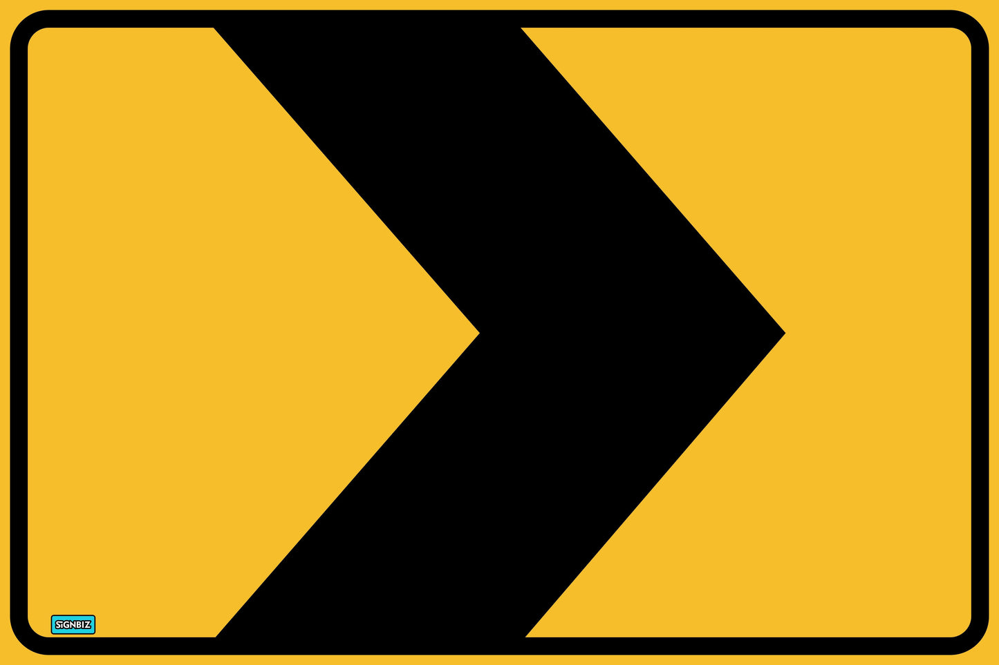 The SWING STAND SIGN ONLY - CHEVRON RIGHT is a rectangular yellow sign with a bold black right-pointing chevron arrow and black border, indicating a sharp right turn or curve ahead.