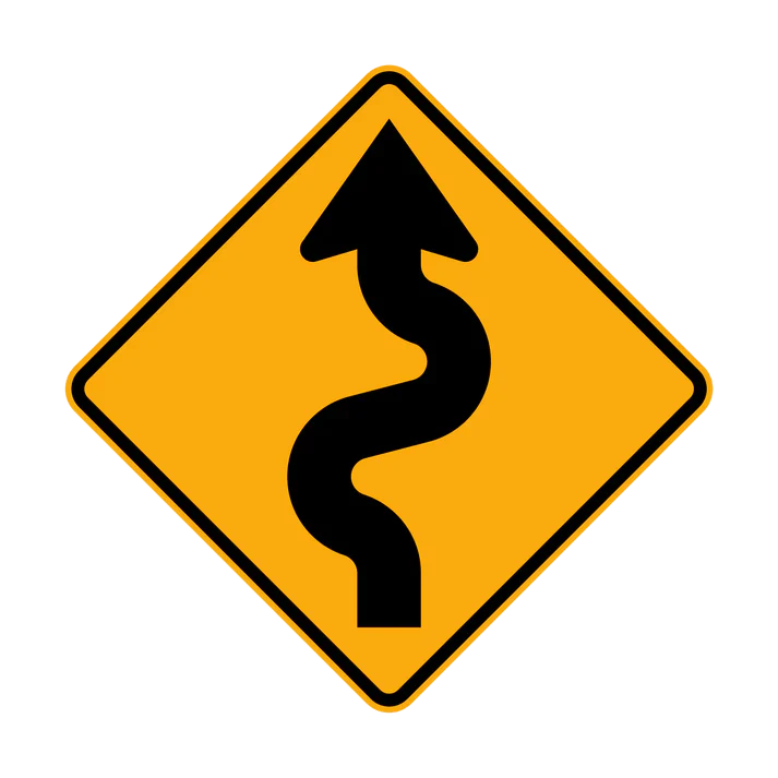 The W1-5(L) - Winding Road (Left Symbolic) sign is a yellow diamond-shaped road sign featuring a black winding arrow pointing left, indicating a winding road ahead.
