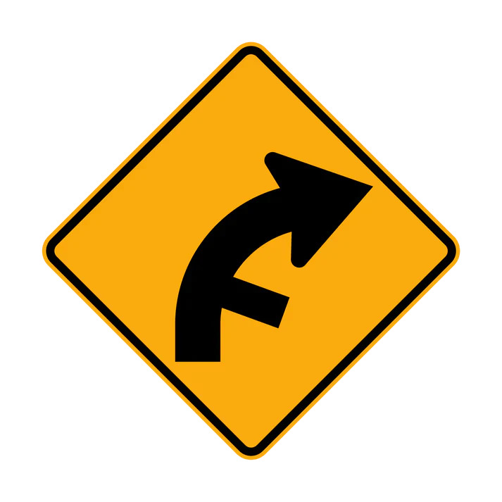 The W2-10(R) sign is a yellow diamond with a black arrow showing a right curve and a side road merging from the left.