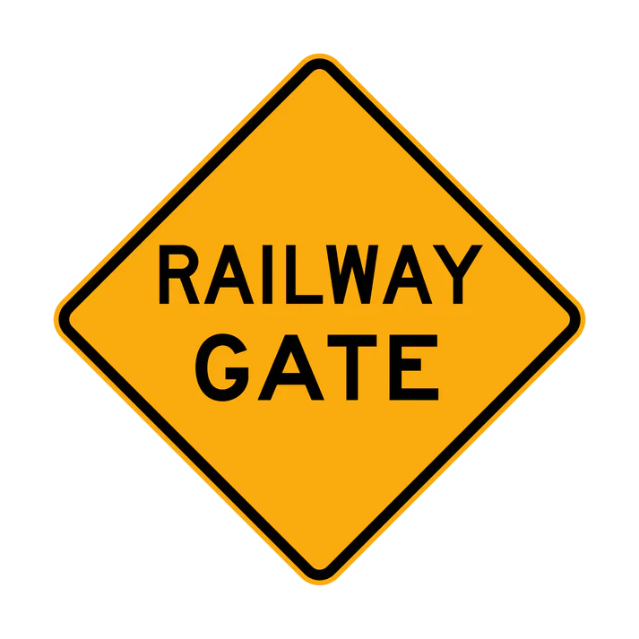 The W7-15 - Railway Gate is a yellow diamond-shaped traffic sign with a black border and the words "RAILWAY GATE" in bold black capital letters.