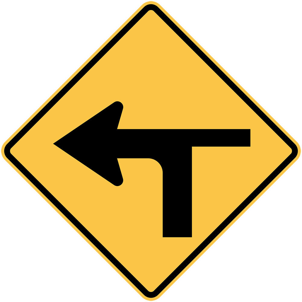 The W9-2(L) sign is a yellow diamond with a black symbolic left T-intersection, indicating the priority road exits to the left at the intersection ahead.