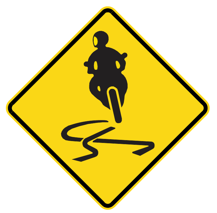 Yellow diamond-shaped road sign showing a silhouette of a motorcyclist above squiggly lines, indicating a winding or slippery road ahead for motorcycles.