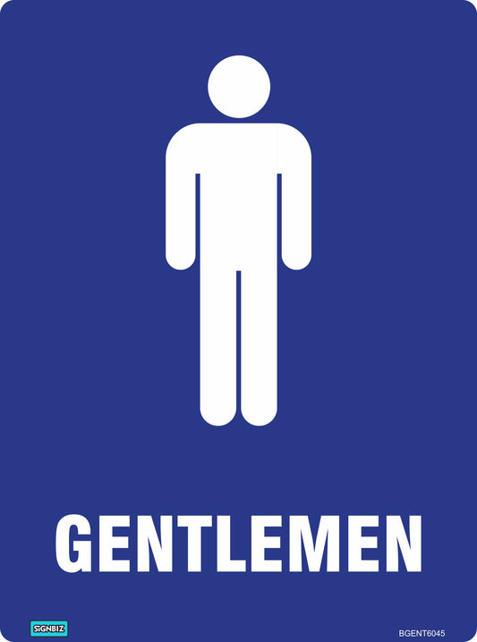 The Bathroom Gentleman Toilet Blue & White sign features a blue background, a white standing person icon, and "GENTLEMEN" in bold white letters, for clear workplace restroom identification and AS/NZS1319 compliance.