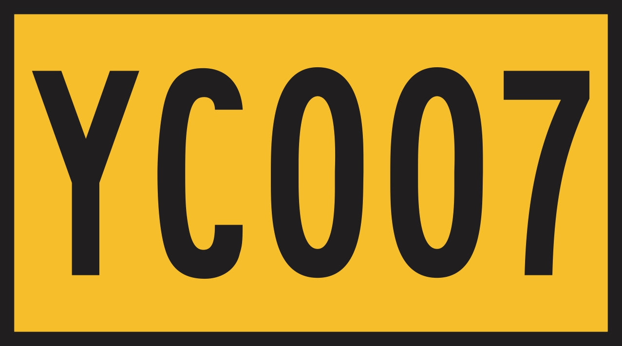 The Vehicle Asset Number Reflective Sticker (450mm x 250mm) is a yellow, rectangular sticker with a black border and bold black "YC007" characters for clear asset identification.