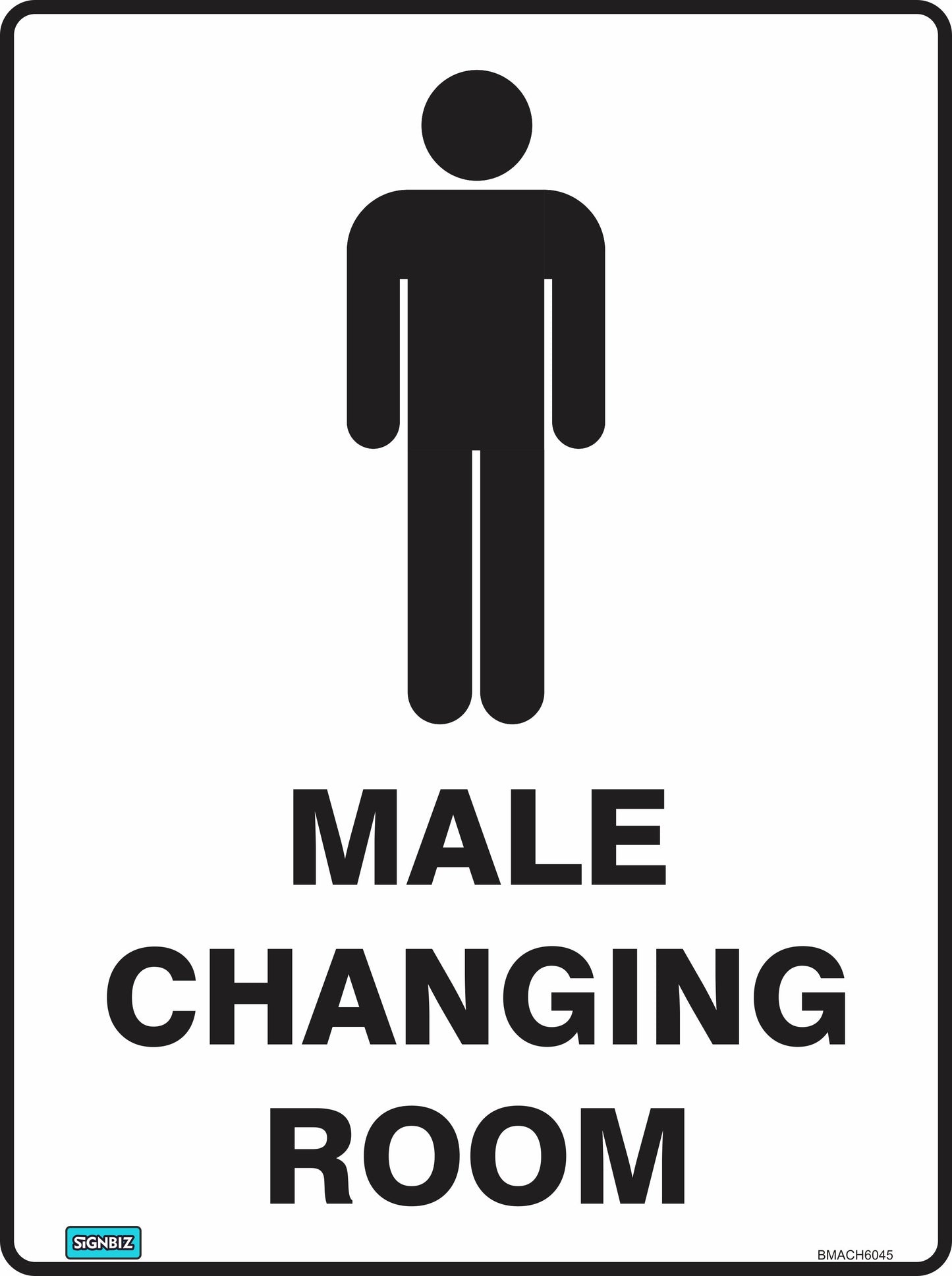 Bathroom Male Changing Room sign features a black male figure icon above bold, capital "MALE CHANGING ROOM" text, designed for workplace use and compliant with AS/NZS1319 safety sign standards.