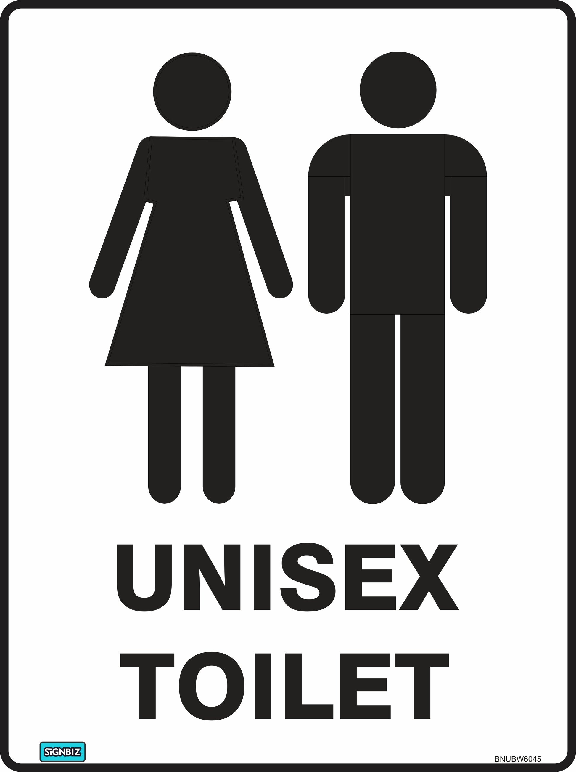The Bathroom Unisex Toilet Black & White sign features black silhouettes of figures in pants and a dress above bold "UNISEX TOILET" text, complying with AS/NZS1319 workplace safety standards.