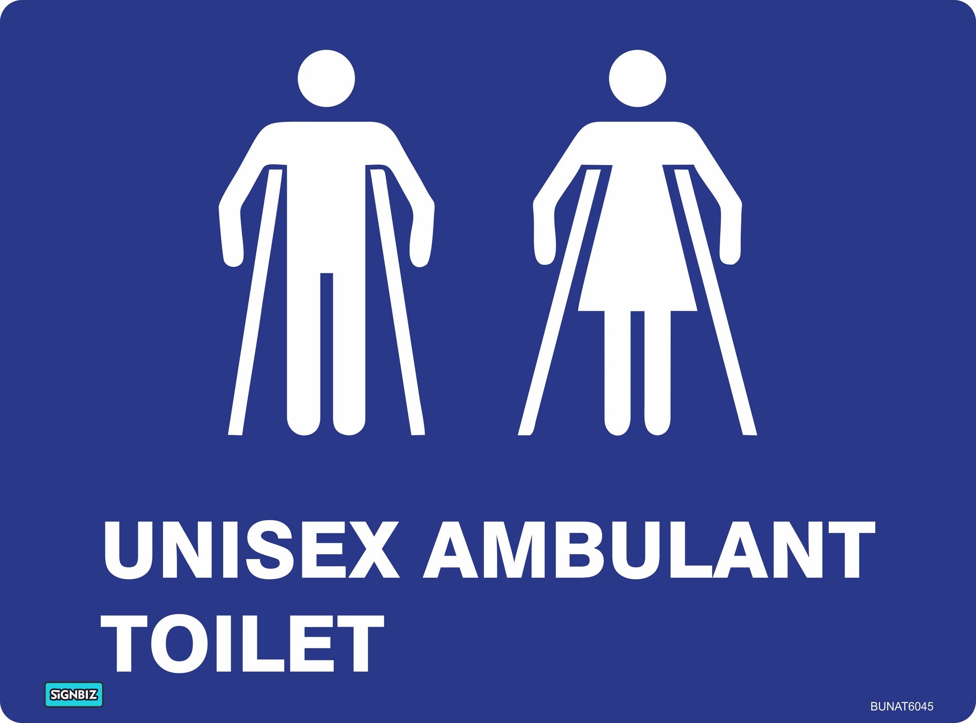 A blue sign labeled "Unisex Ambulant Toilet" shows white symbols of a person in pants and one in a dress, both with crutches. Meets AS/NZS1319 workplace safety sign standards.