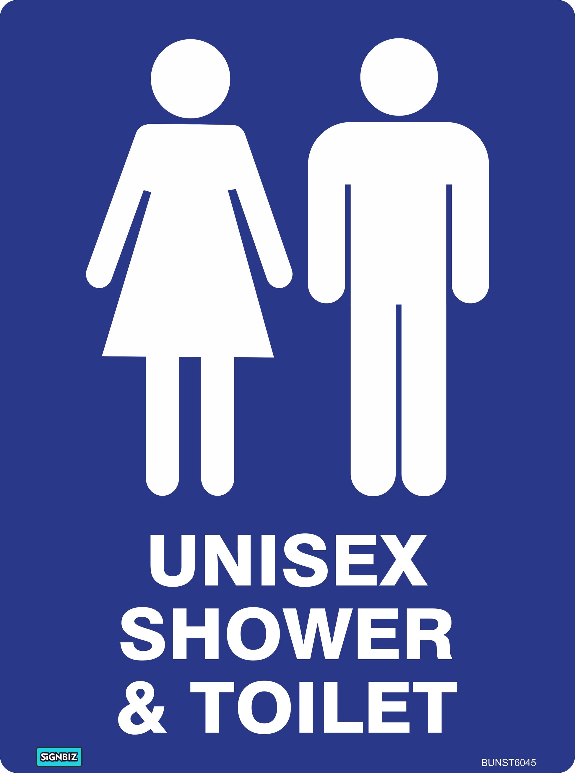 The Bathroom Unisex Shower & Toilet Blue & White sign features white icons of a person in a dress and a person in pants above "UNISEX SHOWER & TOILET" in bold white letters, meeting workplace safety standards like AS/NZS1319.