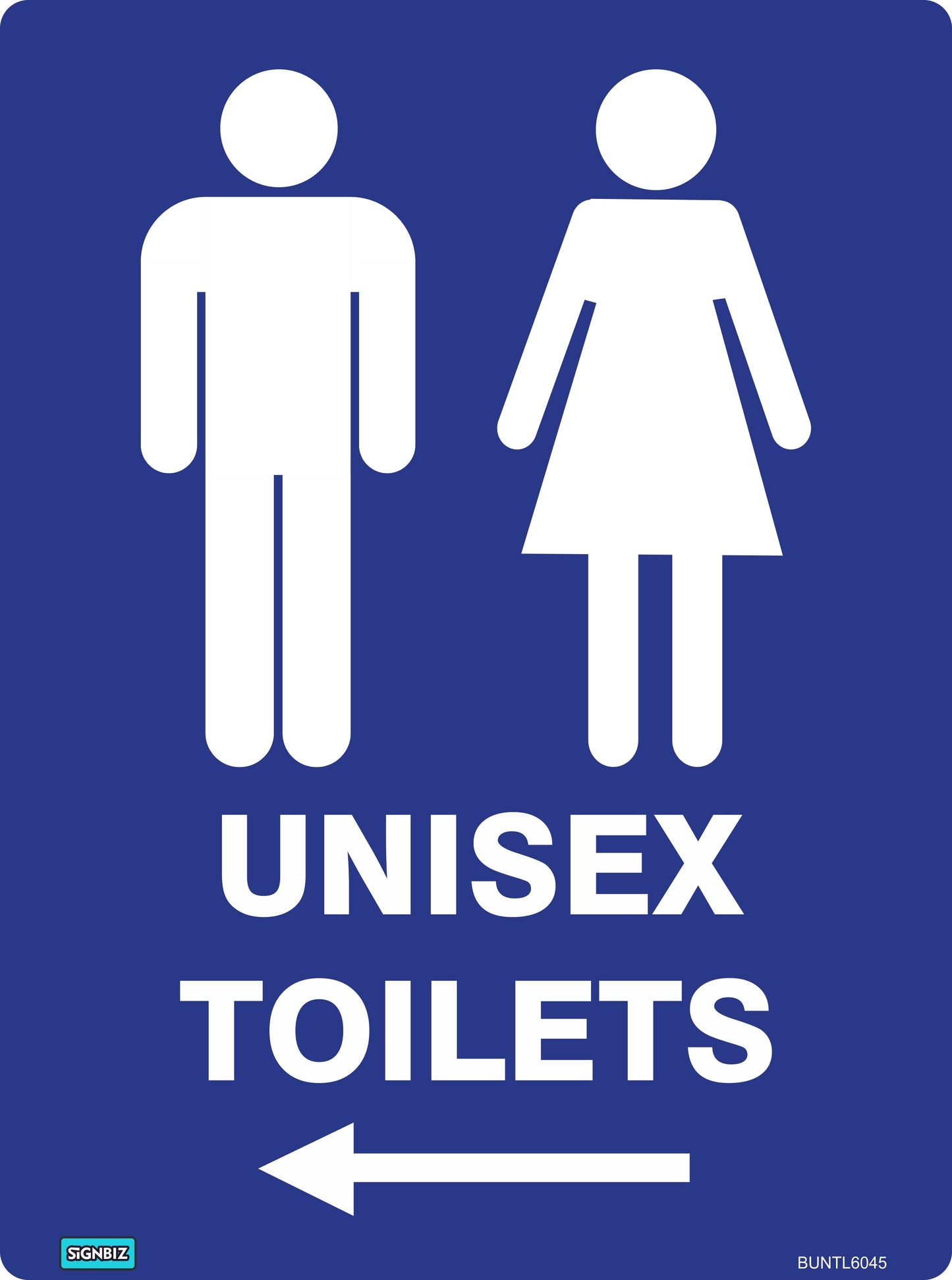 The Bathroom Unisex Toilets Left sign features a blue AS/NZS1319 design with white icons for men and women, bold “UNISEX TOILETS” text, and a left-pointing arrow—perfect for workplace safety signage.